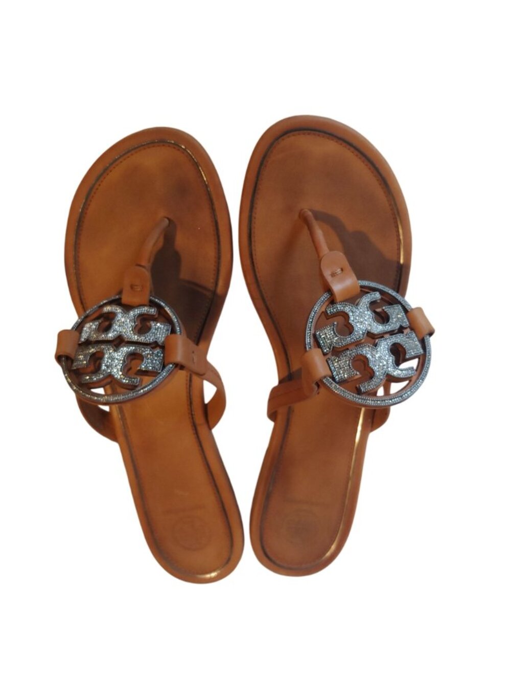 Tory Burch Miller Crystal Logo Sandals Leather Thong Rhinestone Medallion 11 - Picture 2 of 13